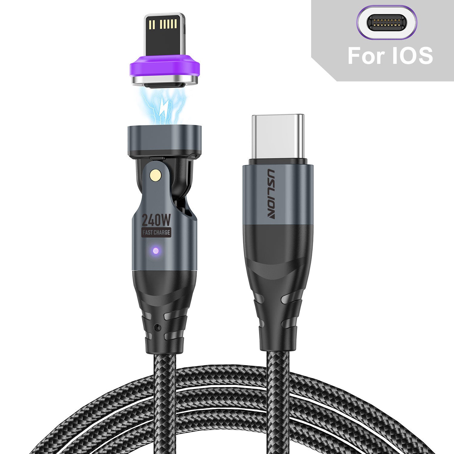 USLION Magnetic Fast-Charge Cable — USB-C, Lightning & Micro-USB in One