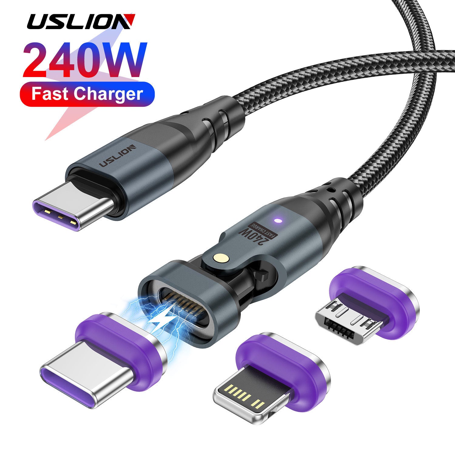 USLION Magnetic Fast-Charge Cable — USB-C, Lightning & Micro-USB in One