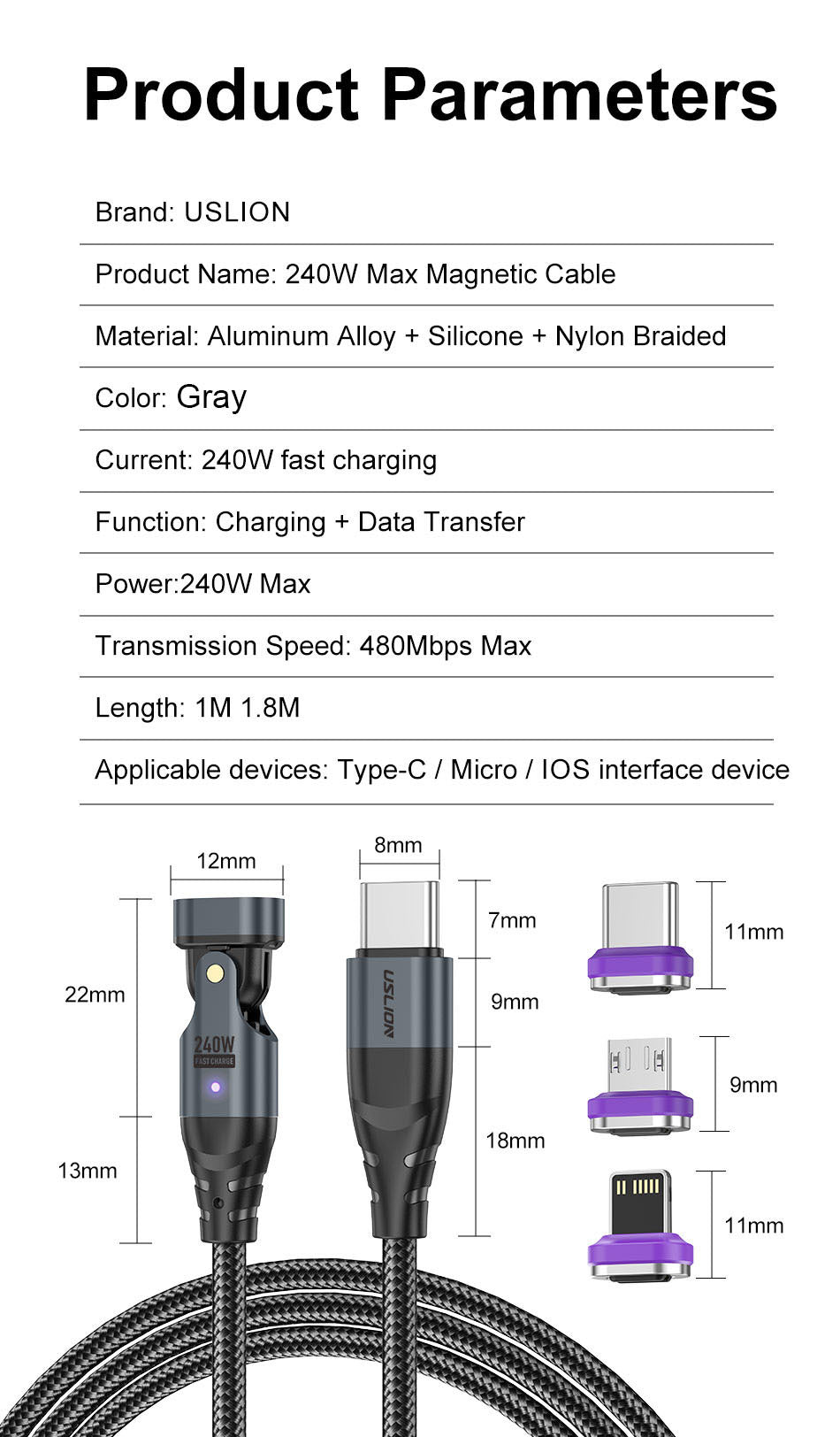 USLION Magnetic Fast-Charge Cable — USB-C, Lightning & Micro-USB in One