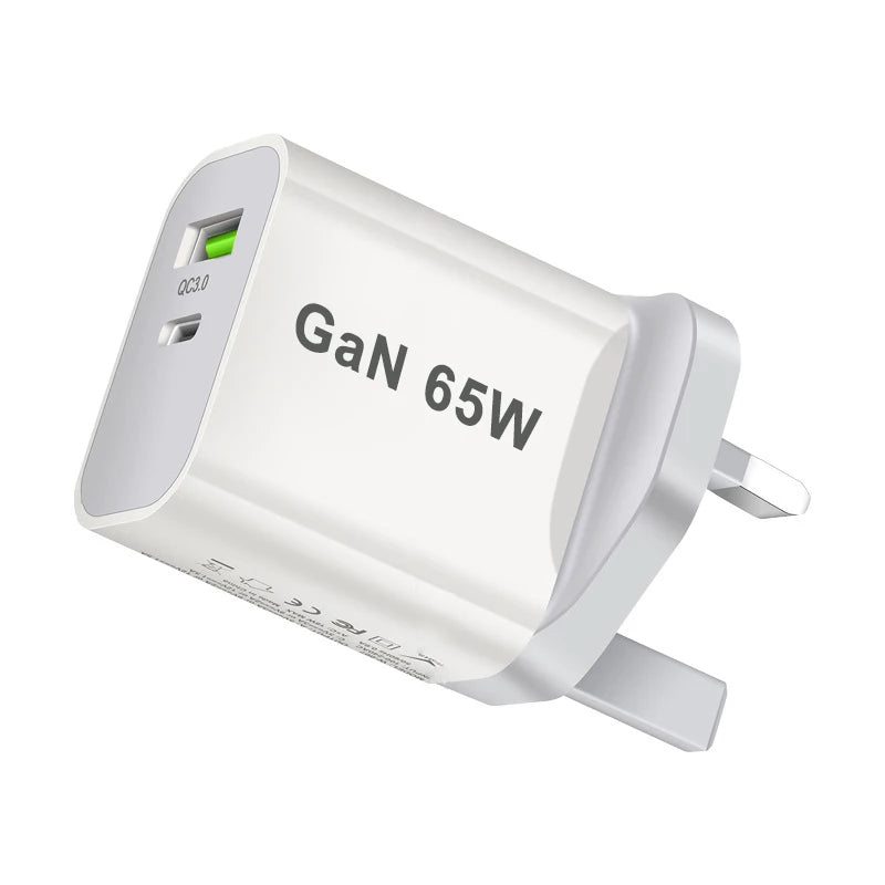65W GaN Compact Dual-Port Wall Charger — UK Plug