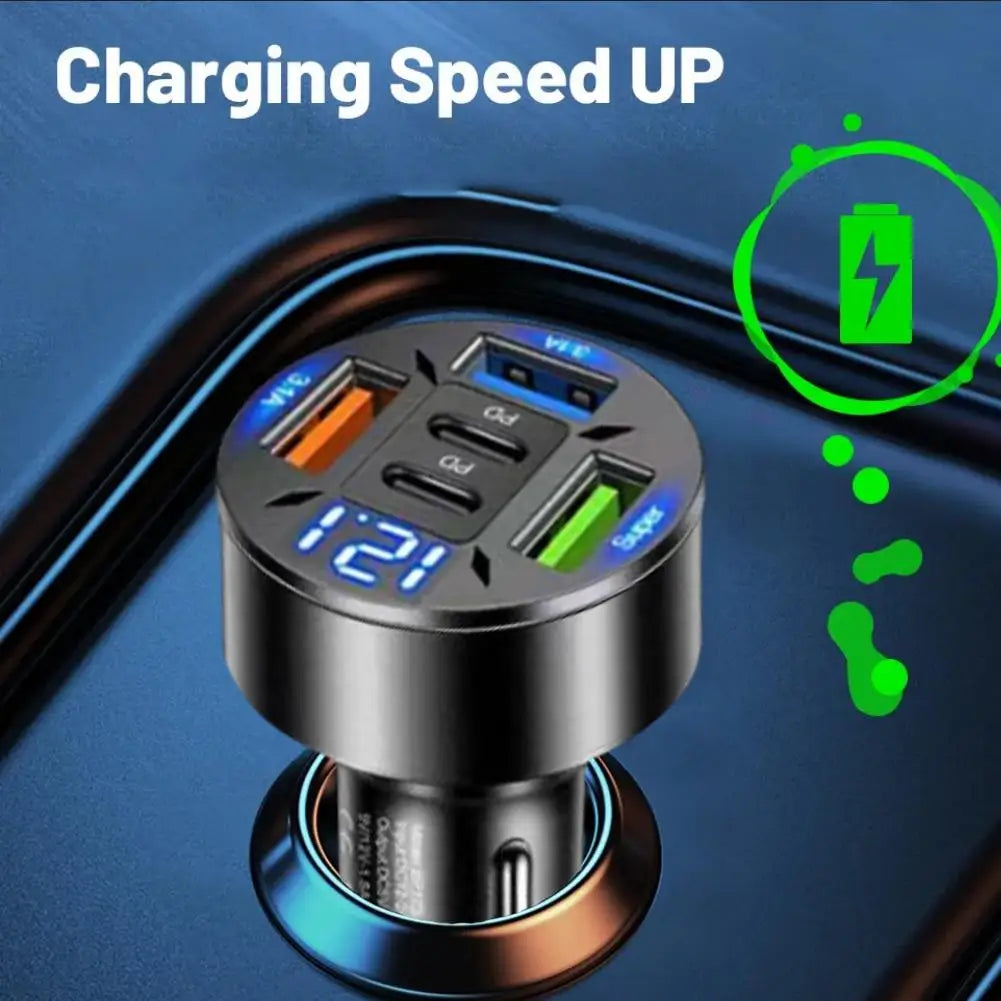5-Port Car Charger — Dual USB-C PD & Voltage Display