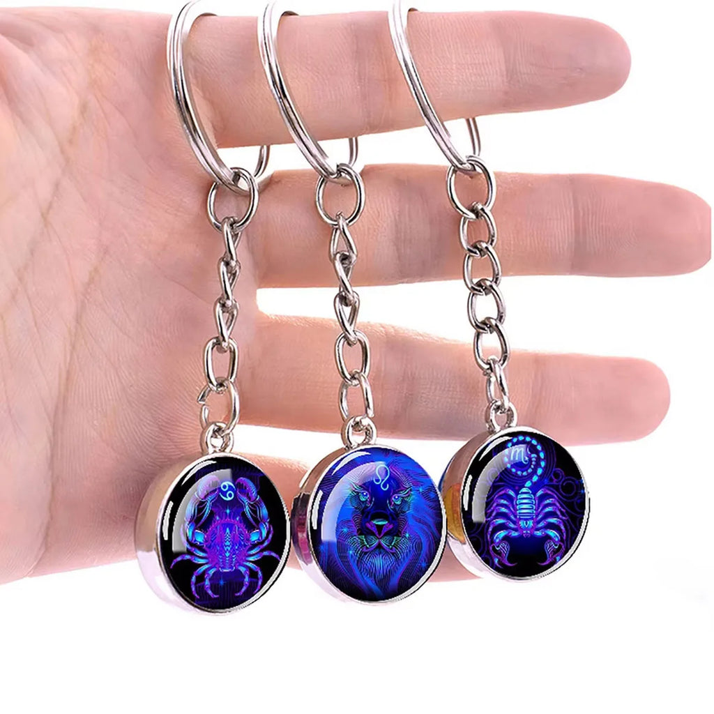 Zodiac Star Sign Keyring — Double-Sided Glass Dome Pendant