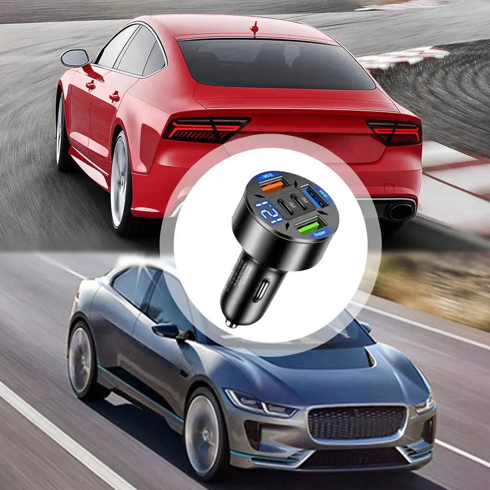 5-Port Car Charger — Dual USB-C PD & Voltage Display
