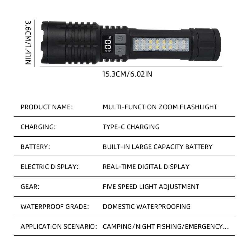 Rechargeable LED Zoom Torch — USB-C with COB Side Light