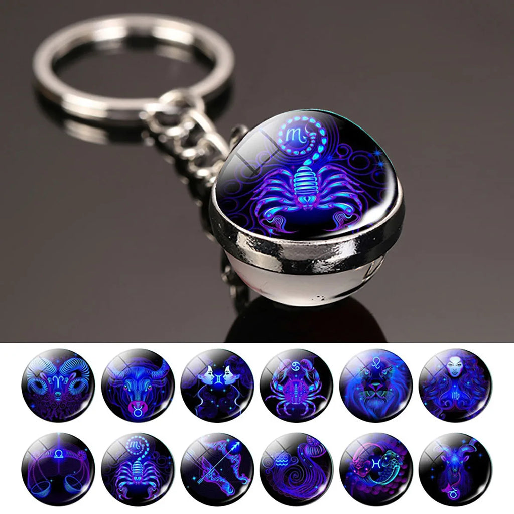 Zodiac Star Sign Keyring — Double-Sided Glass Dome Pendant
